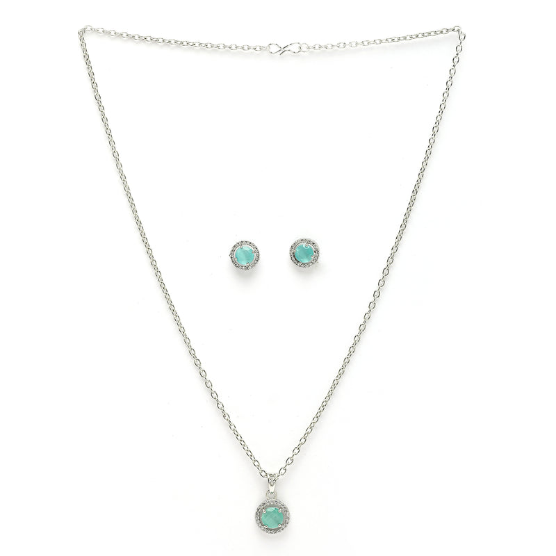 Rhodium Plated with Round Sea Green American Diamond Studded Pendant Set