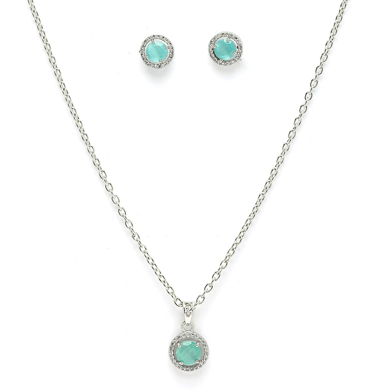 Rhodium Plated with Round Sea Green American Diamond Studded Pendant Set