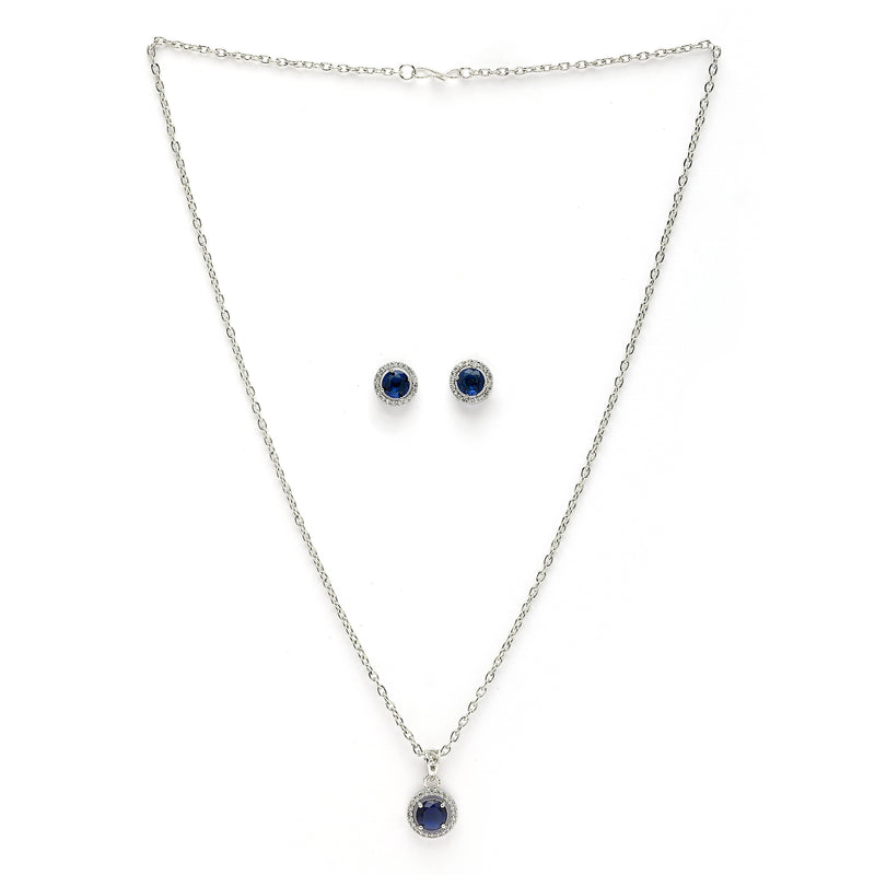 Rhodium Plated with Round Blue American Diamond Studded Pendant Set