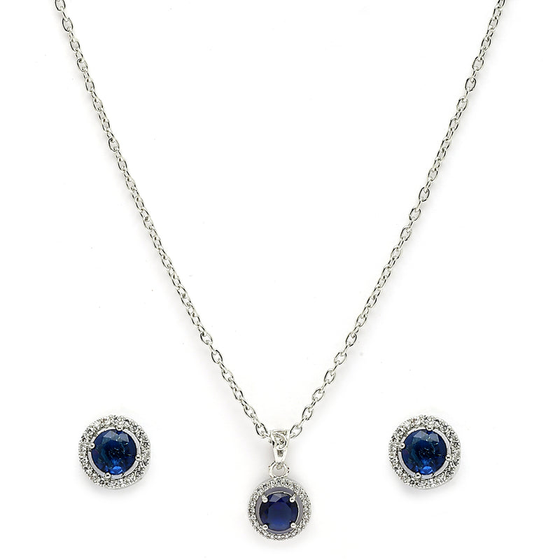 Rhodium Plated with Round Blue American Diamond Studded Pendant Set
