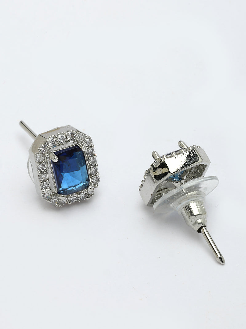 Rhodium Plated with Blue American Diamond Studded Rectangular Shaped Pendant Set