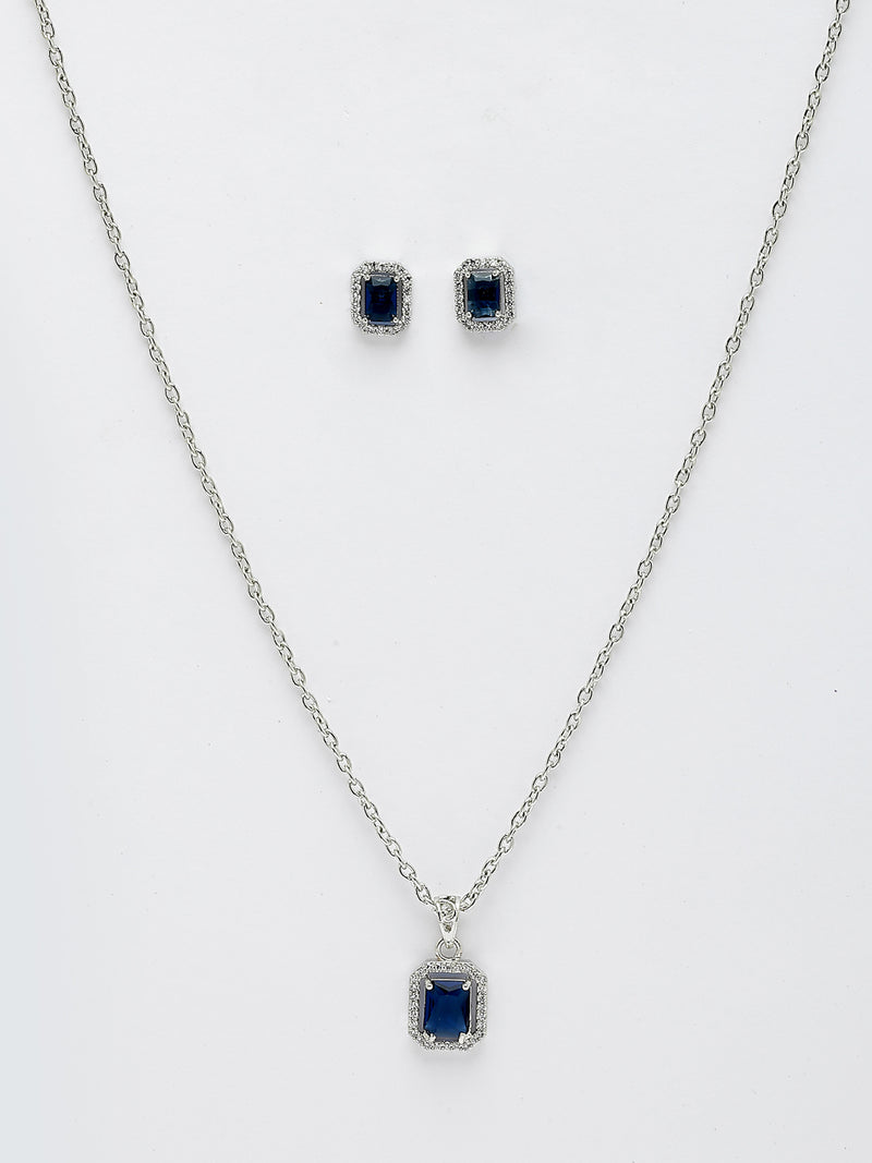 Rhodium Plated with Blue American Diamond Studded Rectangular Shaped Pendant Set