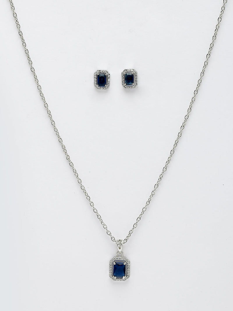 Rhodium Plated with Blue American Diamond Studded Rectangular Shaped Pendant Set