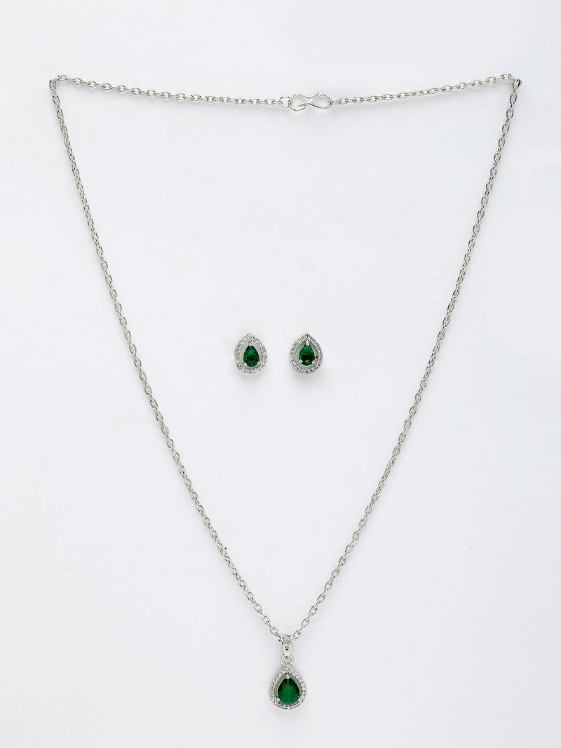 Rhodium Plated with Tear Drop Shaped Green American Diamond Studded Pendant Set
