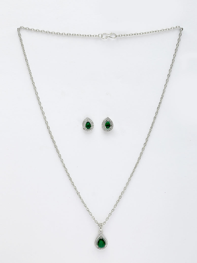 Rhodium Plated with Tear Drop Shaped Green American Diamond Studded Pendant Set