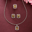 Rhodium Plated Silver Toned Yellow Square Shaped American Diamond Studded Pendant Combo With Ring
