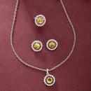 Rhodium Plated Silver Toned Crystal Yellow  American Diamond Studded Pendant Combo With Ring