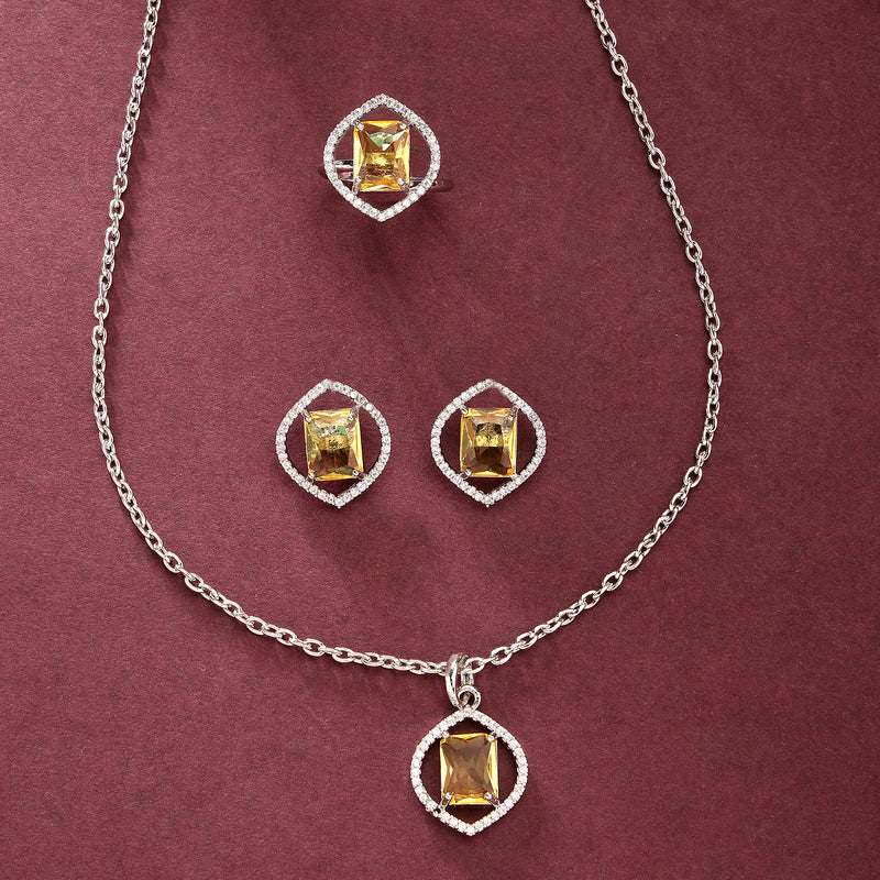 Rhodium Plated Silver Toned Yellow American Diamond Studded Pendant Combo With Ring