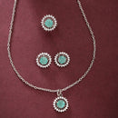 Rhodium Plated Silver Toned Sea Blue American Diamond Studded Pendant Combo With Ring