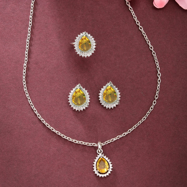 Rhodium Plated Silver Toned  Tear Dropped Shaped Yellow American Diamond Studded Pendant Combo With Ring