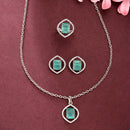 Rhodium Plated Silver Toned Sea Blue American Diamond Studded Pendant Combo With Ring