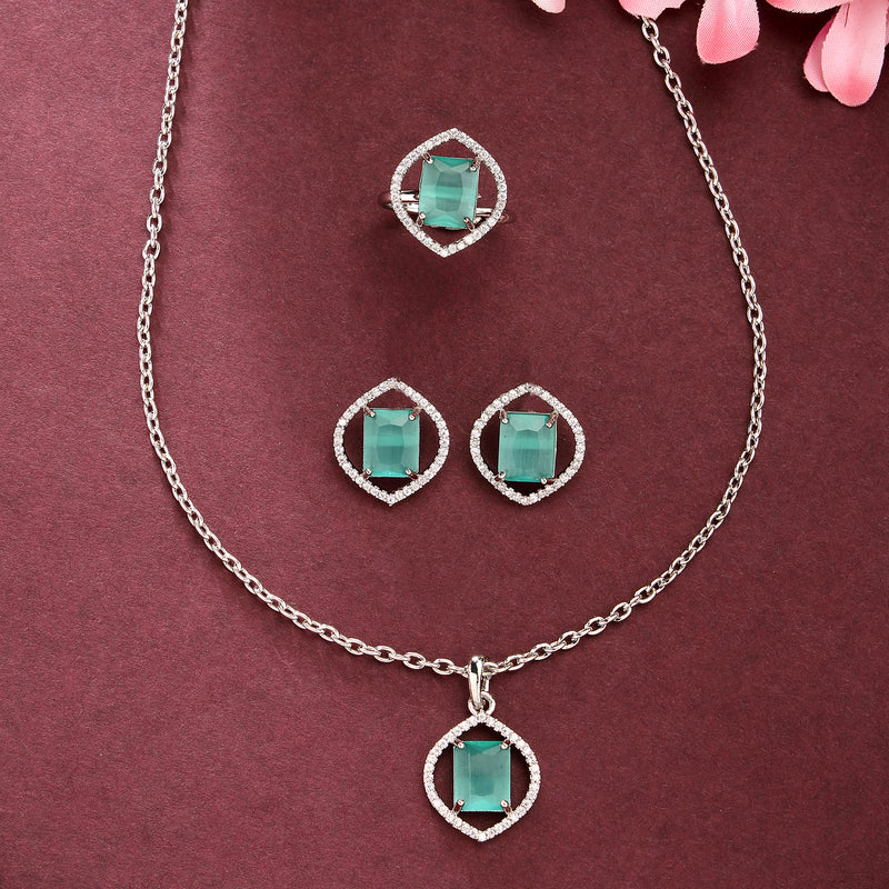 Rhodium Plated Silver Toned Sea Blue American Diamond Studded Pendant Combo With Ring