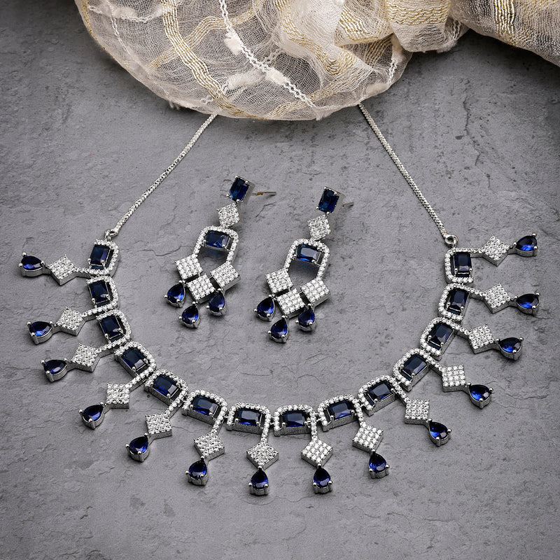 Rhodium Plated Silver Toned with Blue American Diamond Studded Jewellery Set