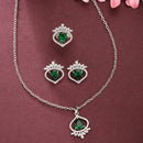 Rhodium Plated Silver Toned Green Tear Dropped  Shaped American Diamond Studded Pendant Combo With Ring