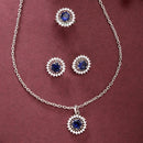 Rhodium Plated Silver Toned Royal Blue American Diamond Studded Pendant Combo With Ring
