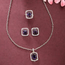 Rhodium Plated Silver Toned Square Shaped Violet American Diamond Studded Pendant Combo With Ring