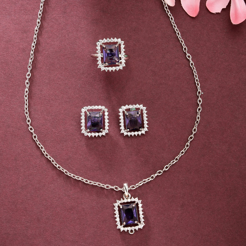 Rhodium Plated Silver Toned Square Shaped Violet American Diamond Studded Pendant Combo With Ring