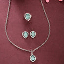 Rhodium Plated Silver Toned Tear Dropped Shaped Sea Blue American Diamond Studded Pendant Combo With Ring