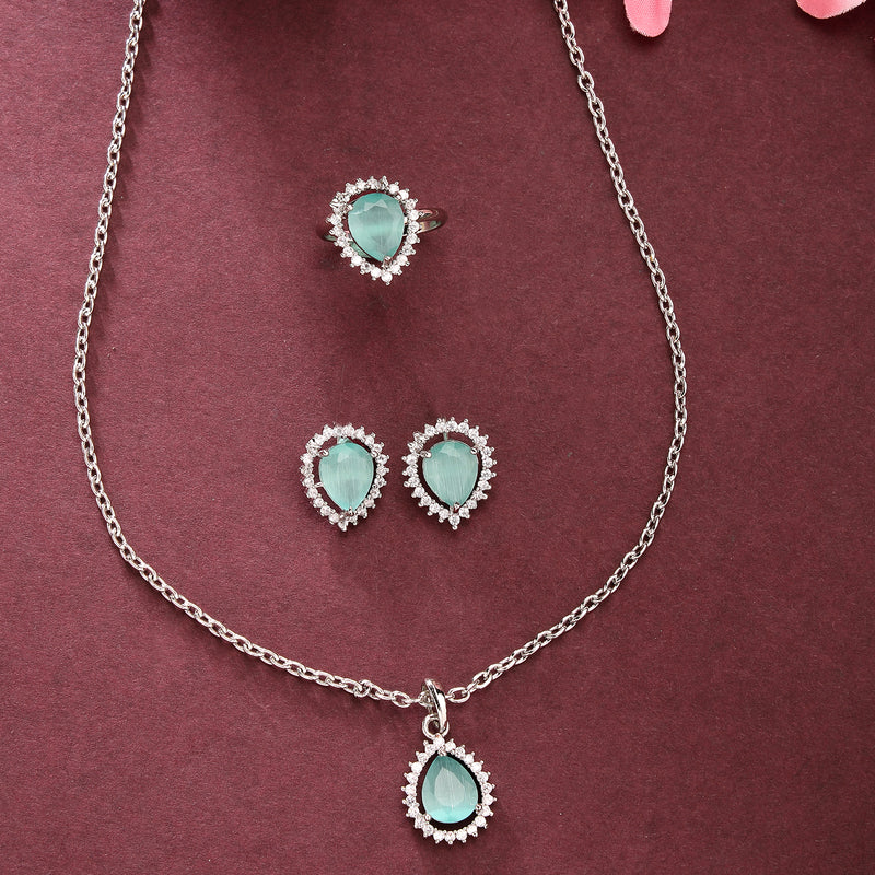 Rhodium Plated Silver Toned Tear Dropped Shaped Sea Blue American Diamond Studded Pendant Combo With Ring