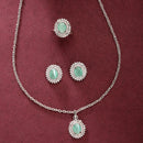 Rhodium Plated Silver Toned Oval Shaped Sea Blue American Diamond Studded Pendant Combo With Ring