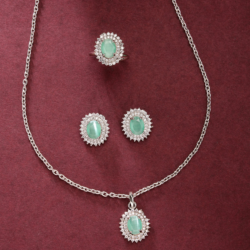 Rhodium Plated Silver Toned Oval Shaped Sea Blue American Diamond Studded Pendant Combo With Ring