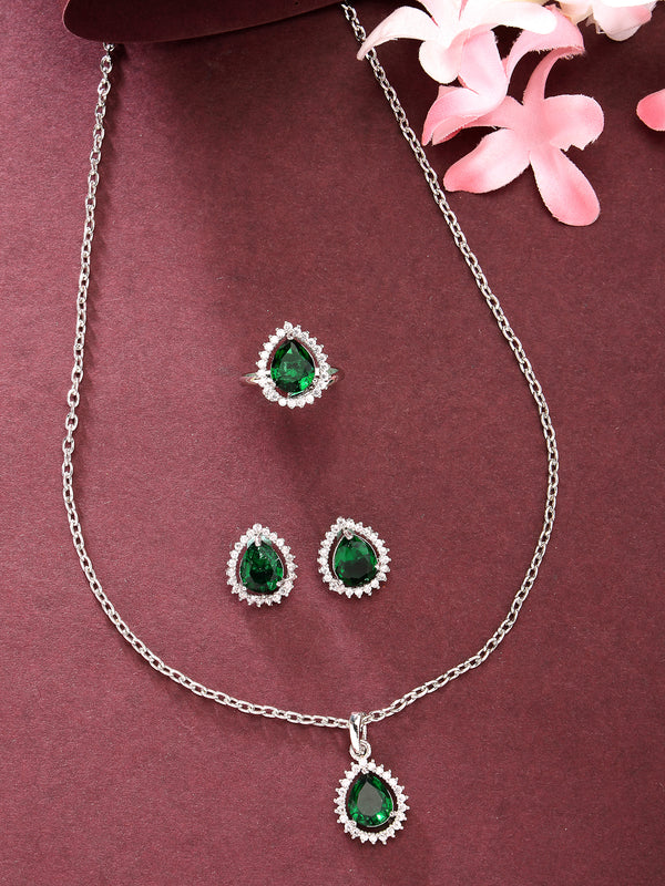 Rhodium Plated Silver Toned Tear Dropped Shaped Emerald Green American Diamond Studded Pendant Combo With Ring