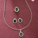 Rhodium Plated Silver Toned Tear Dropped Shaped Emerald Green American Diamond Studded Pendant Combo With Ring
