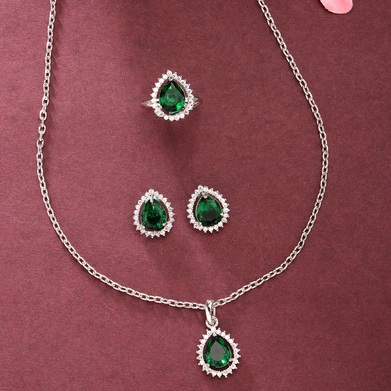 Rhodium Plated Silver Toned Tear Dropped Shaped Emerald Green American Diamond Studded Pendant Combo With Ring