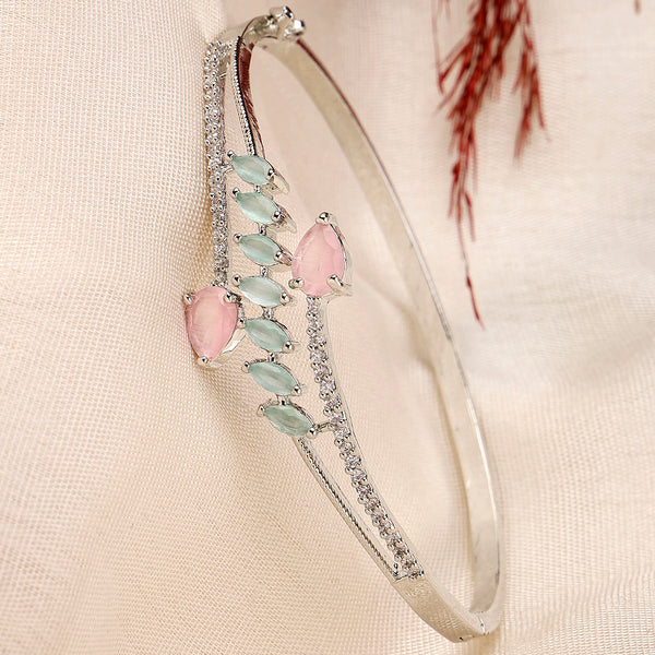 Rhodium Plated Silver Toned  Leaf Design Mint Green & Pink Teardrop American Diamond Studded Cuff Bracelet