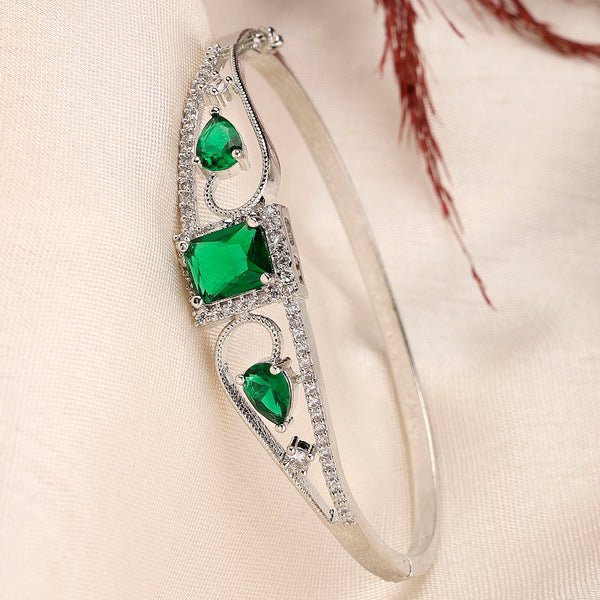 Rhodium Plated Silver Toned Green Square & Teardrop American Diamond Studded Cuff Bracelet