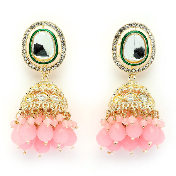 Traditional Gold Plated kundan Studded Pink Glass Beaded Royal Jhumkas Earrings