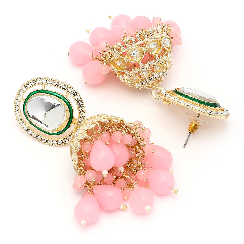 Traditional Gold Plated kundan Studded Pink Glass Beaded Royal Jhumkas Earrings