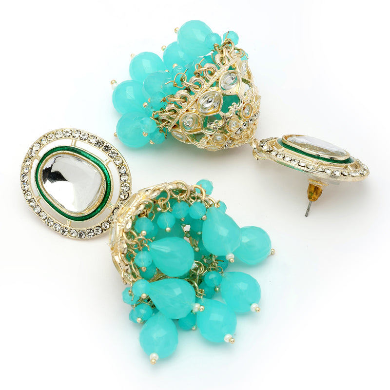 Traditional Gold Plated kundan Studded  Blue Glass Beaded Royal Jhumkas Earrings