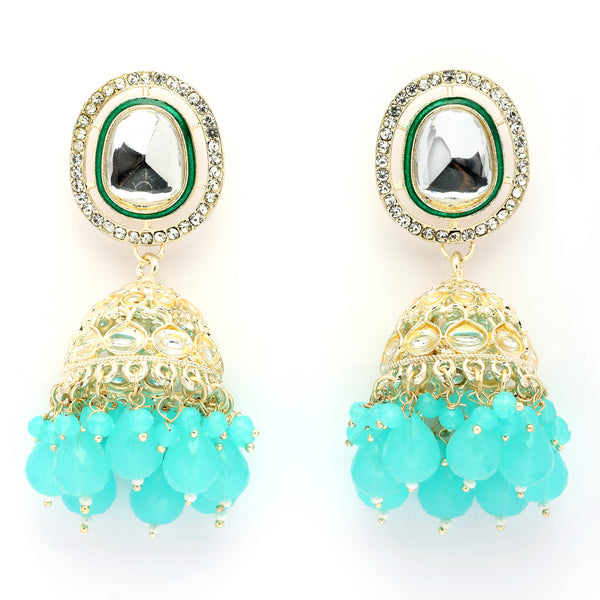 Traditional Gold Plated kundan Studded  Blue Glass Beaded Royal Jhumkas Earrings
