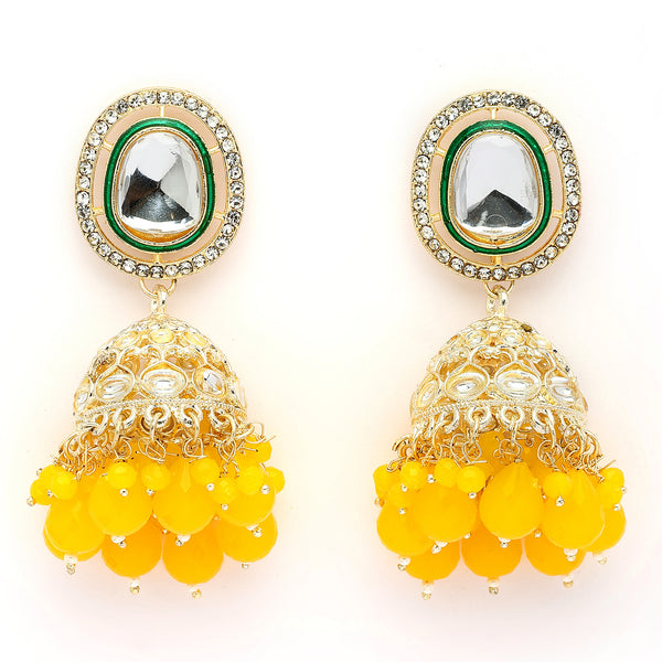 Traditional Gold Plated kundan Studded Yellow Glass Beaded Royal Jhumkas Earrings