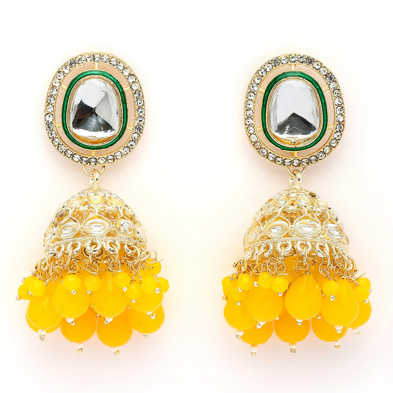Traditional Gold Plated kundan Studded Yellow Glass Beaded Royal Jhumkas Earrings