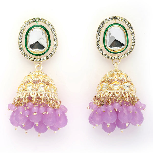 Traditional Gold Plated kundan Studded Lavender Glass Beaded Royal Jhumkas