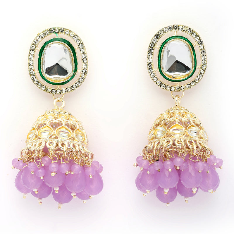Traditional Gold Plated kundan Studded Lavender Glass Beaded Royal Jhumkas