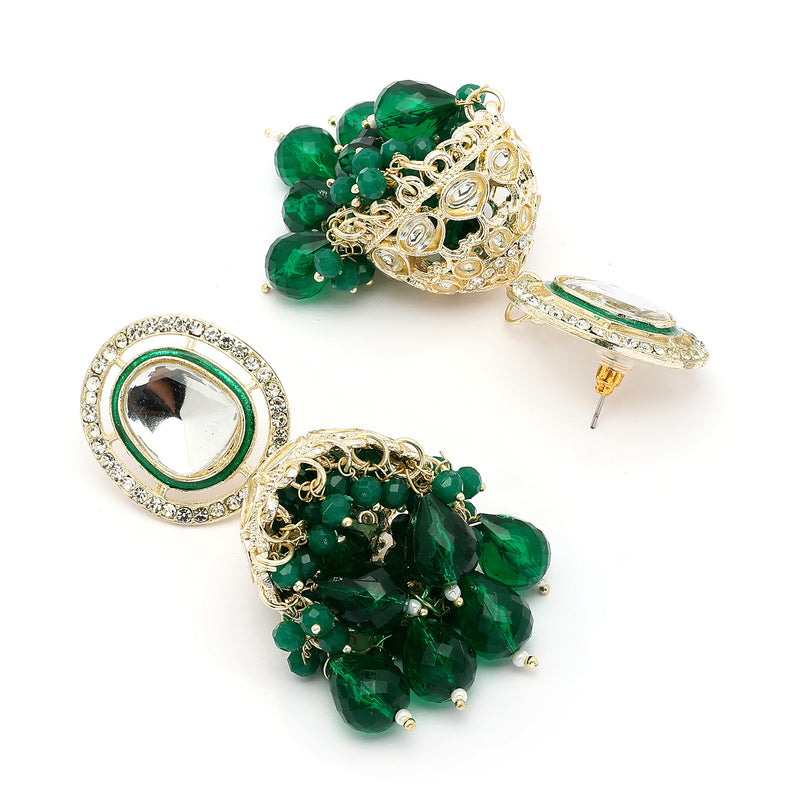 Traditional Gold Plated kundan Studded Green Glass Beaded Royal Jhumkas Earrings