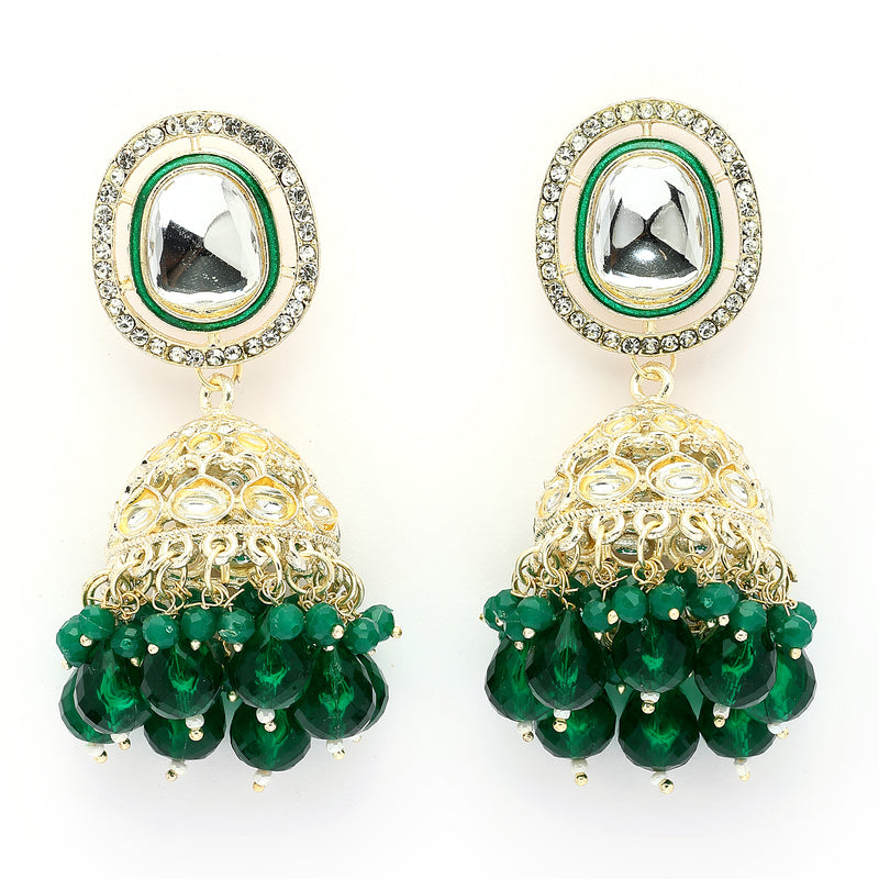 Traditional Gold Plated kundan Studded Green Glass Beaded Royal Jhumkas Earrings