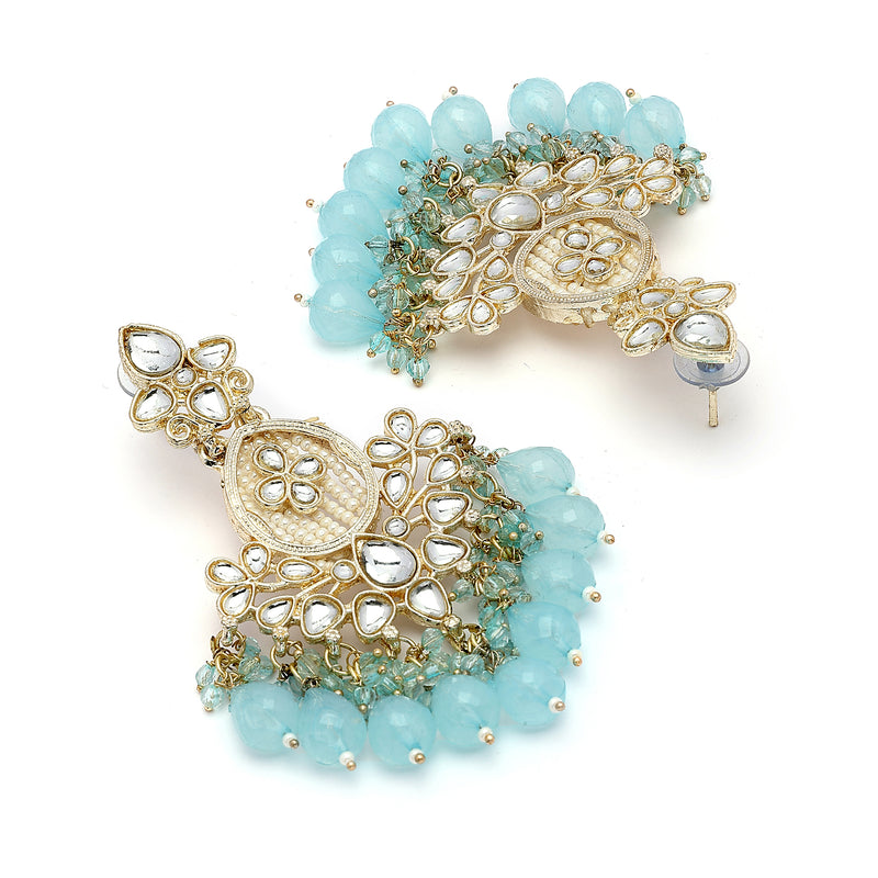 Traditional Gold Plated kundan Studded Blue & White Pearl Beaded Royal Jhumkas