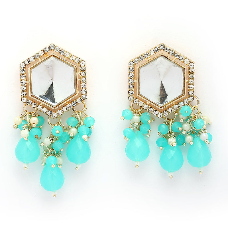 Traditional Gold Plated kundan Studded Blue Glass Beaded Earrings
