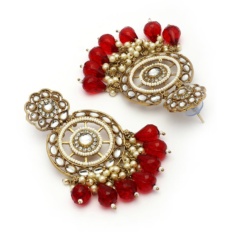 Traditional Gold Plated kundan Studded Red & White Pearl Beaded Royal Jhumkas Earrings