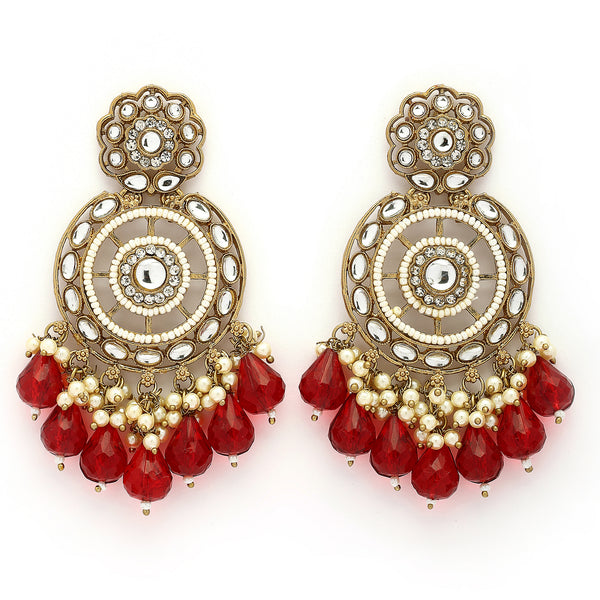 Traditional Gold Plated kundan Studded Red & White Pearl Beaded Royal Jhumkas Earrings