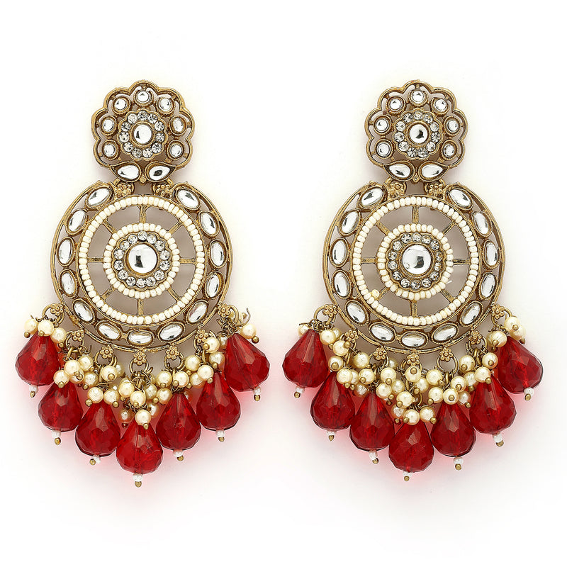 Traditional Gold Plated kundan Studded Red & White Pearl Beaded Royal Jhumkas Earrings