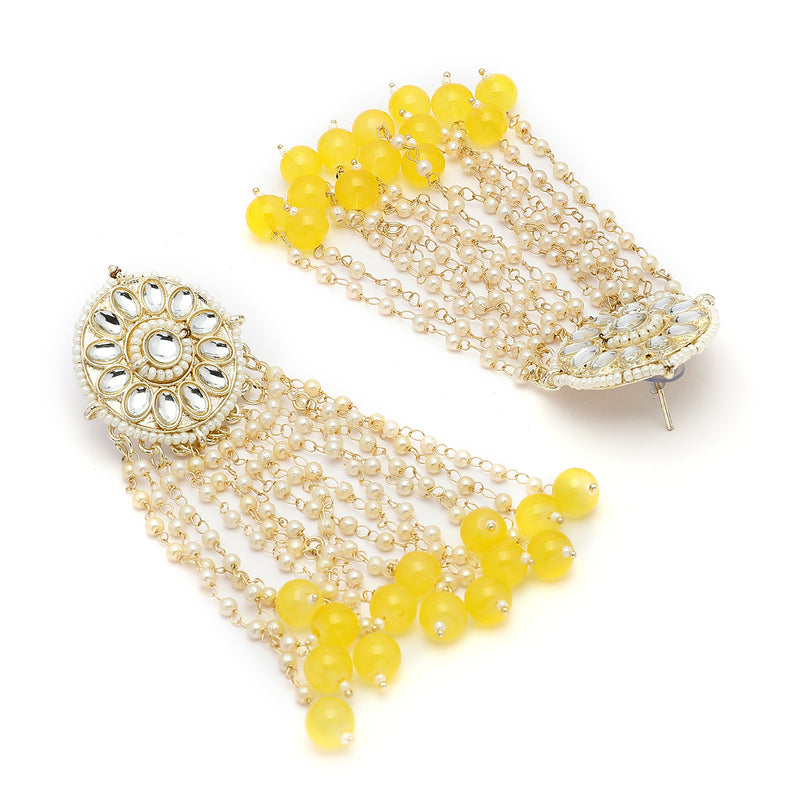 Traditional Gold Plated Yellow & White kundan Studded Pearl Beaded Dangler Earrings