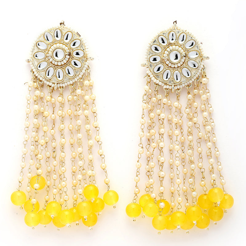 Traditional Gold Plated Yellow & White kundan Studded Pearl Beaded Dangler Earrings