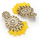 Traditional Gold Plated kundan Studded Yellow & White Pearl Beaded Royal Jhumkas Earrings