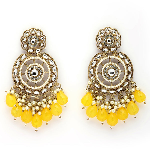 Traditional Gold Plated kundan Studded Yellow & White Pearl Beaded Royal Jhumkas Earrings
