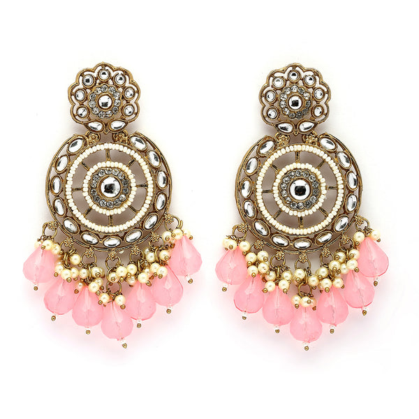 Traditional Gold Plated kundan Studded Pink & White Pearl Beaded Royal Jhumkas Earrings